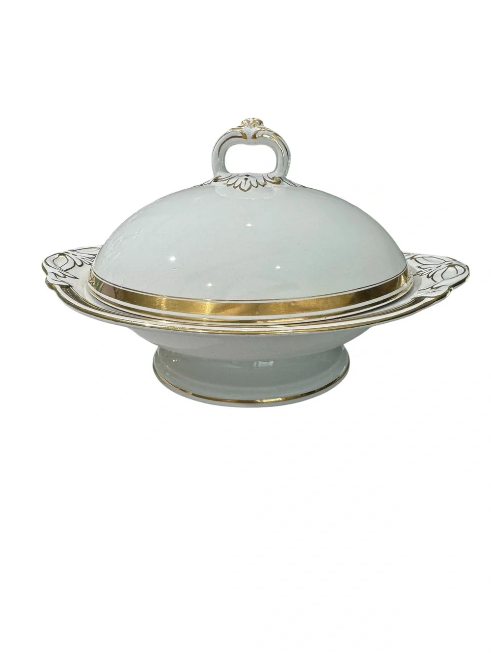 VTG White & Gold Trim Porcelain Covered Footed Serving Dish 10